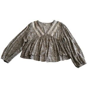 Promesa Lace Detail Shirred Swing Floral Peasant Sleeve V Neck Cropped Blouse M
